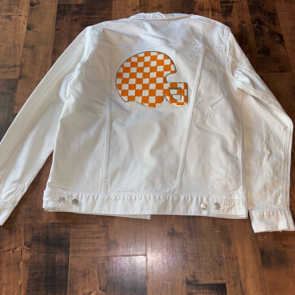 White Denim Jacket with Orange Checkered Helmet TN Vols Volunteers